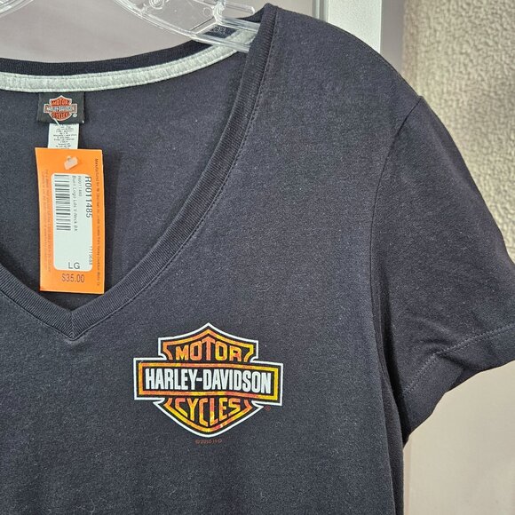 Harley-Davidson V-Neck Shirt Women L Black 100% Cotton Short Sleeve Fire IL NEW - Picture 2 of 11